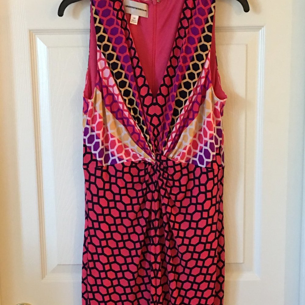 New! DONNA MORGAN Pink Geometric Twisted Front Sleeveless Sheath Dress 14